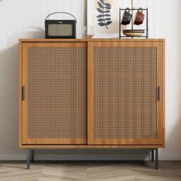 BTM Sideboard Kitchen Cabinet Storage Cupboard Rattan Barn Doors in Brown - thumbnail 3