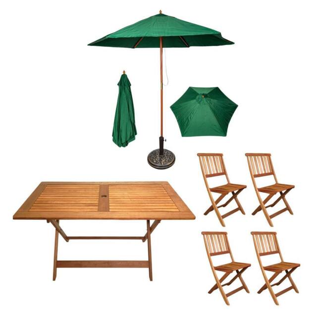 Samuel Alexander 4 Person Folding Wooden Dining Table Chairs Green Parasol & Base in Brown - image 1