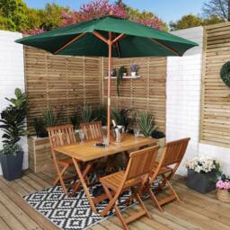 Samuel Alexander 4 Person Folding Wooden Dining Table Chairs Green Parasol & Base in Brown - thumbnail 2