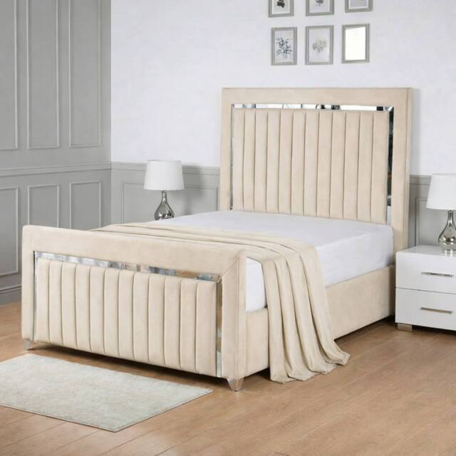 Living Comfort Bedz Chrome Edge Upholstered Slatted Base Bed with 48 Inch Headboard in Cream - Size: Single - image 1