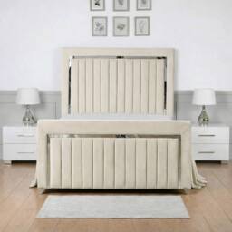 Living Comfort Bedz Chrome Edge Upholstered Slatted Base Bed with 48 Inch Headboard in Cream - Size: Single - thumbnail 2