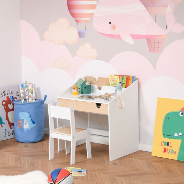 HOMCOM Kids Study Table & Chair Set Two-Piece Children Desk with Storage, for 3-6 years in White - image 1