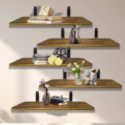 Ventryn 5 Piece Rustic Floating Wall Shelves Wooden Display Storage in Light Oak