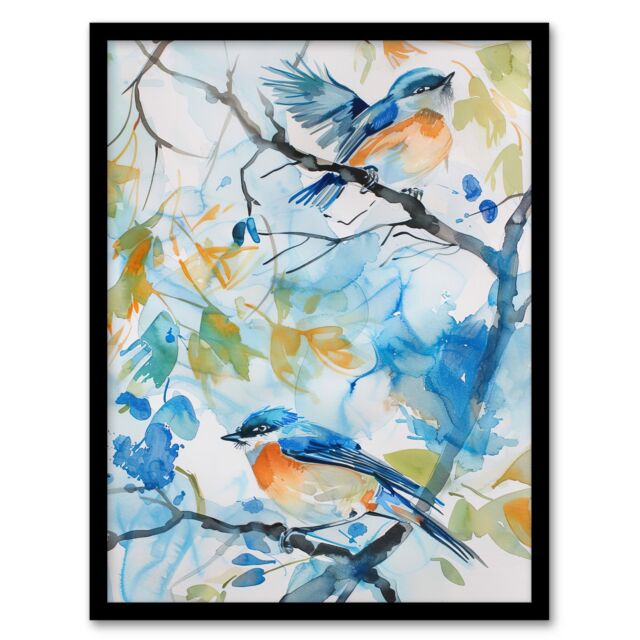 "Artery8 Eastern Bluebirds in Tree Watercolour Bird Lover Framed Art Print in Blue - Size: W12"" x H16""" - image 1