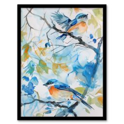 "Artery8 Eastern Bluebirds in Tree Watercolour Bird Lover Framed Art Print in Blue - Size: W12"" x H16""" - thumbnail 1