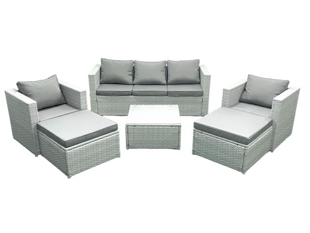 Fimous 7 Seater Rattan Garden Furniture Set with 3 Seater Sofa 2 Chair Square Coffee Table 2 Big Footstools Light Grey Mixed - image 1