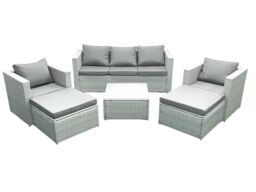Fimous 7 Seater Rattan Garden Furniture Set with 3 Seater Sofa 2 Chair Square Coffee Table 2 Big Footstools Light Grey Mixed - thumbnail 2