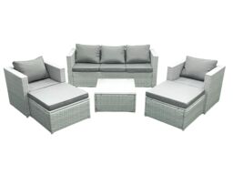 Fimous 7 Seater Rattan Garden Furniture Set with 3 Seater Sofa 2 Chair Square Coffee Table 2 Big Footstools Light Grey Mixed - thumbnail 1