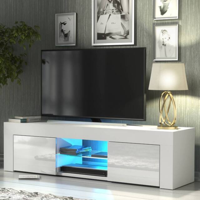 Mex Furniture LTD TV Unit Loom 130cm - White with Gloss Doors & LED Lights - image 1