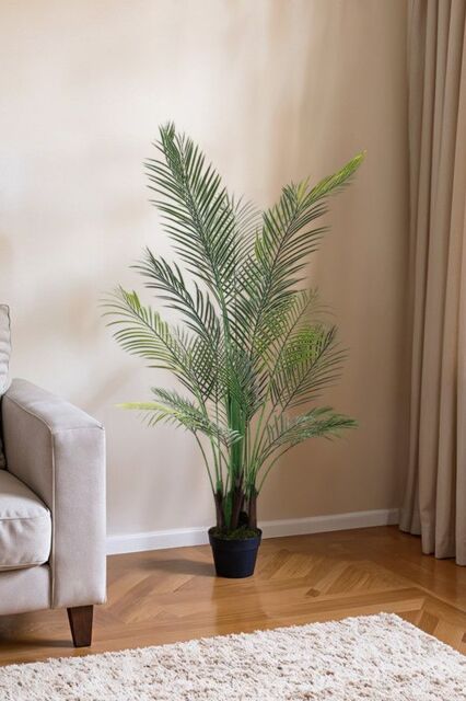 1.5m Artificial Palm in Black Plastic Pot Faux Plant for Home or Office in Green