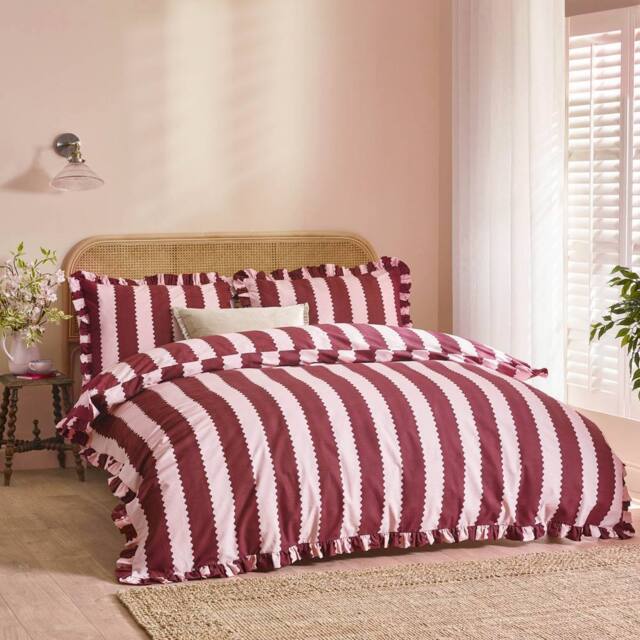 Furn Birdie Stripe Ruffle Duvet Cover Set in Burgundy - Size: Double - image 1