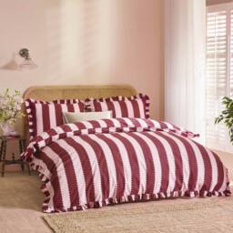 Furn Birdie Stripe Ruffle Duvet Cover Set in Burgundy - Size: Double