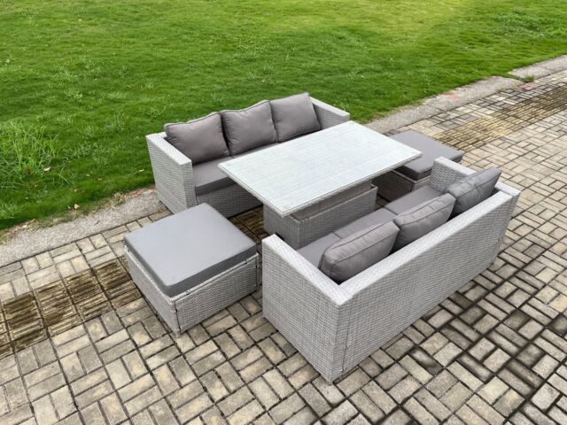 Fimous PE Rattan Garden Funiture Set Height Adjustable Rising Lifting Table Sofa Dining Set with 2 Big Footstools in Light Grey - image 1