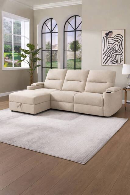 More4Homes Avery 3 Seater Electric Recliner Chaise Lounge Fabric Sofa in Beige - image 1