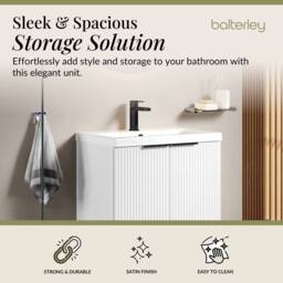 Balterley Fluted Front 2 Soft Close Door Vanity Basin Unit, Satin White, 600mm in White - thumbnail 2
