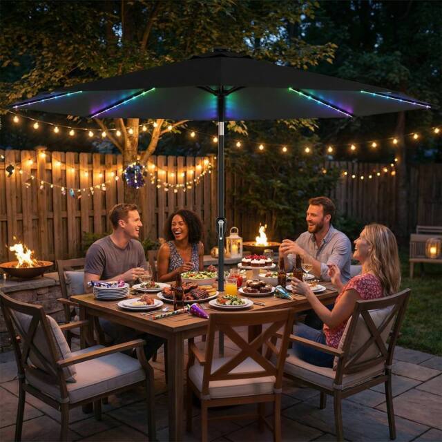 OUTSUNNY 3 m Garden Parasol Umbrella with LED Lights, Patio Umbrella in Black - Size: 3m x 3m