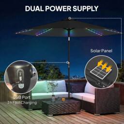 OUTSUNNY 3 m Garden Parasol Umbrella with LED Lights, Patio Umbrella in Black - Size: 3m x 3m - thumbnail 6