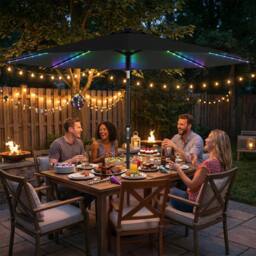 OUTSUNNY 3 m Garden Parasol Umbrella with LED Lights, Patio Umbrella in Black - Size: 3m x 3m - thumbnail 1