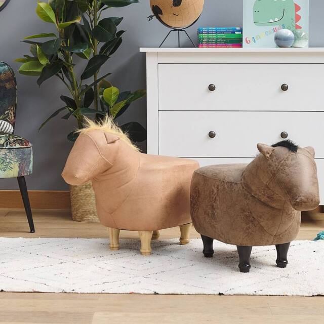 Wyld and Coco Kids Horse Pouffe Brown Faux Leather With Rubberwood Legs - image 1