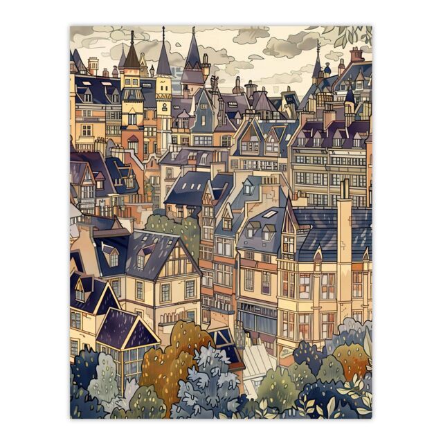 "Artery8 Cityscape Painting of Townhouses in Trees Wall Art Print in Beige - Size: W24"" x H32""" - image 1