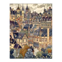 "Artery8 Cityscape Painting of Townhouses in Trees Wall Art Print in Beige - Size: W24"" x H32""" - thumbnail 1