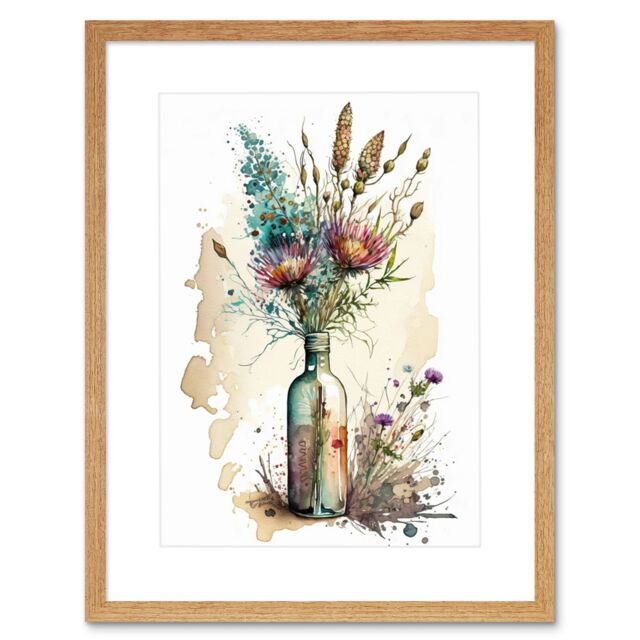 "Artery8 Wall Art Print Spring Flower Bouquet In Glass Wine Bottle Vase Artwork Framed 9X7 Inch in Beige - Size: W7"" x H9""" - image 1