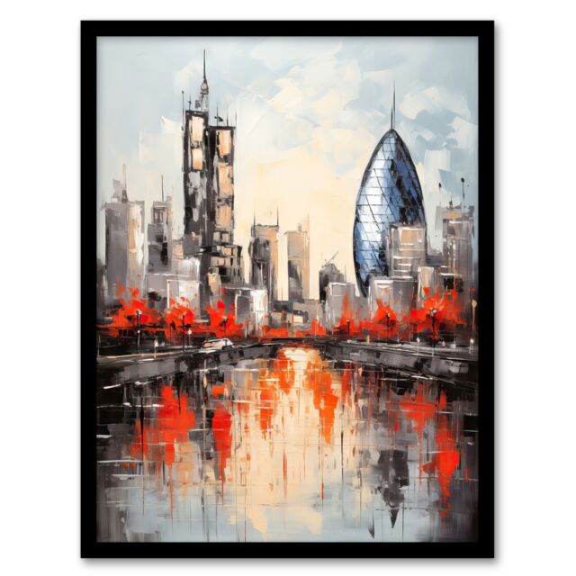 Artery8 Wall Art Print London Cityscape Skyline The Gherkin Oil Painting Thames Reflections In Autumn Art Framed in Black - Size: A4 - image 1