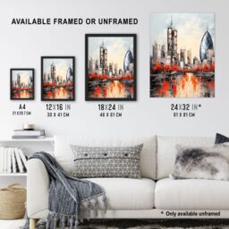 Artery8 Wall Art Print London Cityscape Skyline The Gherkin Oil Painting Thames Reflections In Autumn Art Framed in Black - Size: A4 - thumbnail 3