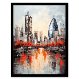 Artery8 Wall Art Print London Cityscape Skyline The Gherkin Oil Painting Thames Reflections In Autumn Art Framed in Black - Size: A4 - thumbnail 1