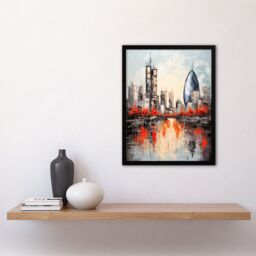 Artery8 Wall Art Print London Cityscape Skyline The Gherkin Oil Painting Thames Reflections In Autumn Art Framed in Black - Size: A4 - thumbnail 4
