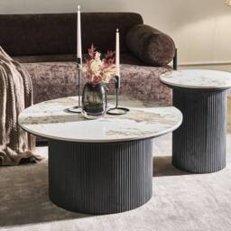 Wyld and Coco Round Ceramic Coffee Table 80 cm White Marble Top Black Ribbed Wood
