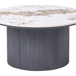 Wyld and Coco Round Ceramic Coffee Table 80 cm White Marble Top Black Ribbed Wood - thumbnail 2