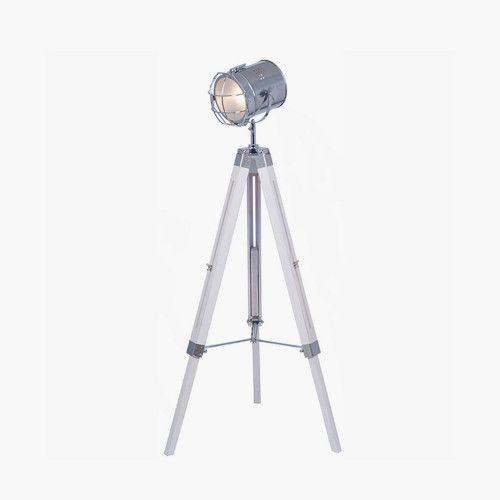 Ruma Tripod Search Light Floor Lamp Silver Metal & White Wash Wood Base - image 1