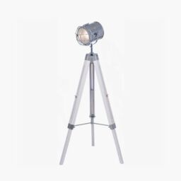 Ruma Tripod Search Light Floor Lamp Silver Metal & White Wash Wood Base - thumbnail 1