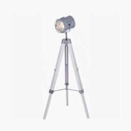 Tripod Search Light Floor Lamp Silver Metal and White Wash Wood Base