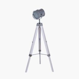 Ruma Tripod Search Light Floor Lamp Silver Metal & White Wash Wood Base - thumbnail 2