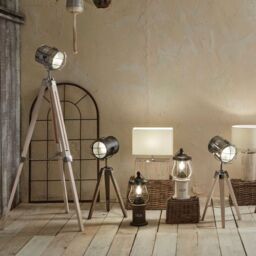 Ruma Tripod Search Light Floor Lamp Silver Metal & White Wash Wood Base - thumbnail 4