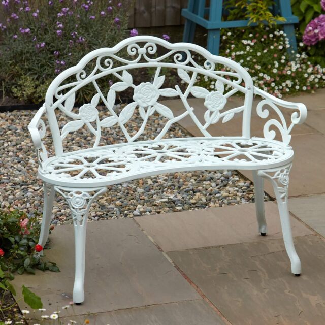 Home Source Cast Aluminium Garden Bench Metal Frame 2 Seater Patio Outdoor Seating in White - image 1