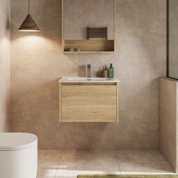 Banyetti Mino 600mm Wall Hung Vanity Unit with Athena Basin- Natural Oak in Light Brown - thumbnail 2