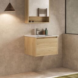 Banyetti Mino 600mm Wall Hung Vanity Unit with Athena Basin- Natural Oak in Light Brown - thumbnail 3