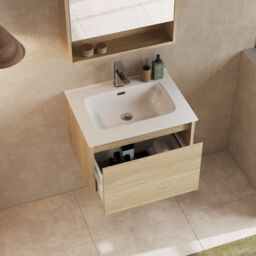 Banyetti Mino 600mm Wall Hung Vanity Unit with Athena Basin- Natural Oak in Light Brown - thumbnail 1