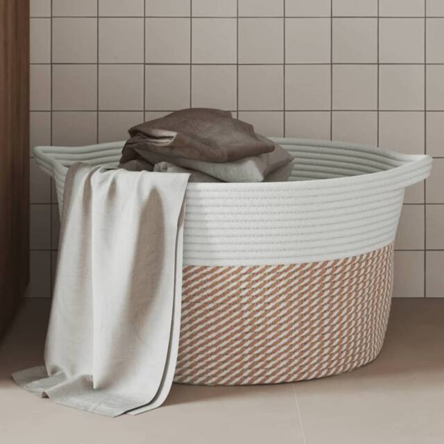 Berkfield Home Storage Basket Brown & White √ò40x25 cm Cotton - Size: 40x25 cm - image 1