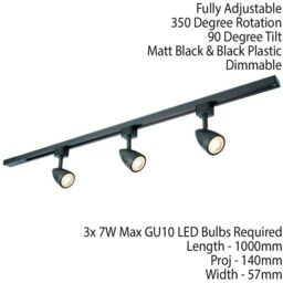 Loops 1m Adjustable Ceiling Track Spotlight Kit Matt Black 3x GU10 Downlight Rail - thumbnail 2