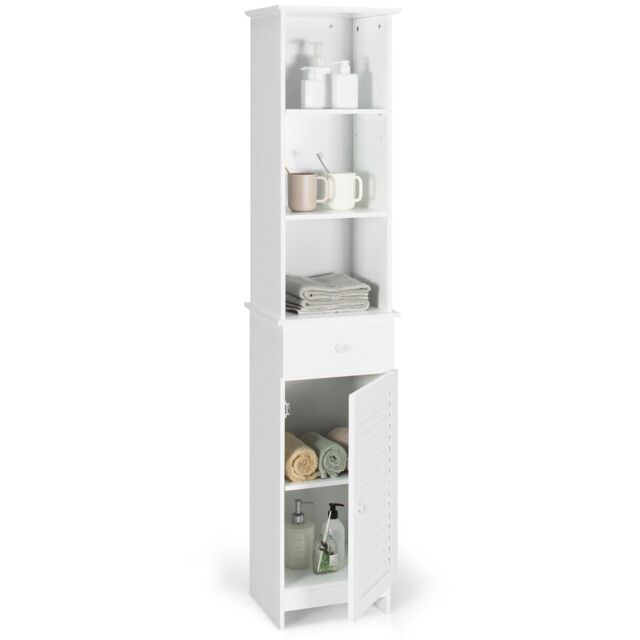 Gymax Bathroom Tall Cabinet Open Organizer With Drawer & Adjustable Shelves in White - image 1
