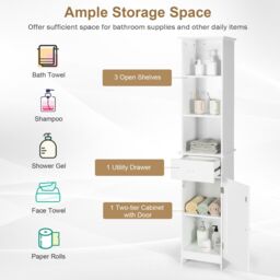 Gymax Bathroom Tall Cabinet Open Organizer With Drawer & Adjustable Shelves in White - thumbnail 2