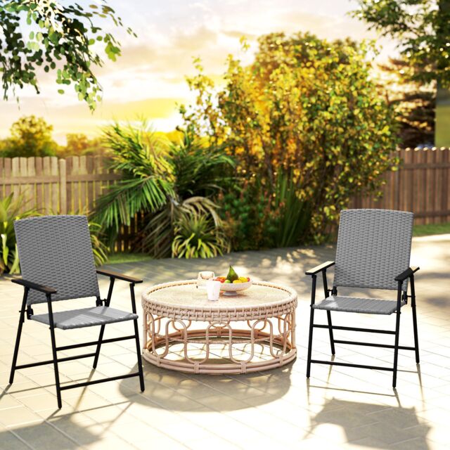 OUTSUNNY 2pcs Rattan Chair Foldable Garden Furniture w/ Armrest Grey - Size: 2 Person - image 1