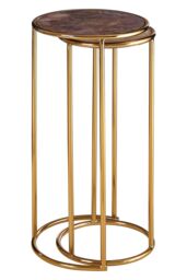 Orsina Set of 2 Nesting Side Tables, Natural Amethyst Stone Tops with Veining, Reflective Gold Frame Finish