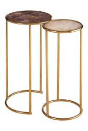 Orsina Set of 2 Nesting Side Tables, Natural Amethyst Stone Tops with Veining, Reflective Gold Frame Finish - thumbnail 2