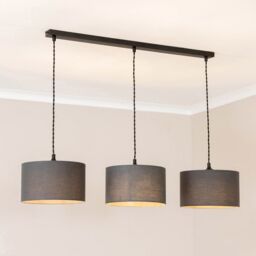ValueLights Reni Fabric Drum Shade 3 Drop Bar Matte Black Diner Ceiling Pendant Light in Charcoal - thumbnail 1