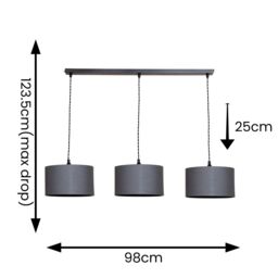 ValueLights Reni Fabric Drum Shade 3 Drop Bar Matte Black Diner Ceiling Pendant Light in Charcoal - thumbnail 8